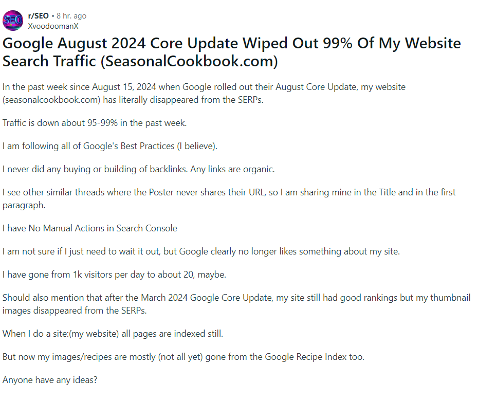 google august 2024 core update hcu hit traffic lost